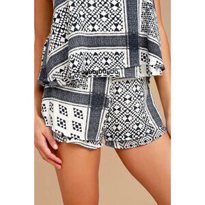 2/$30 Blush High Waisted Bandana Print Boho Pattern Tiered Mini Shorts Blue